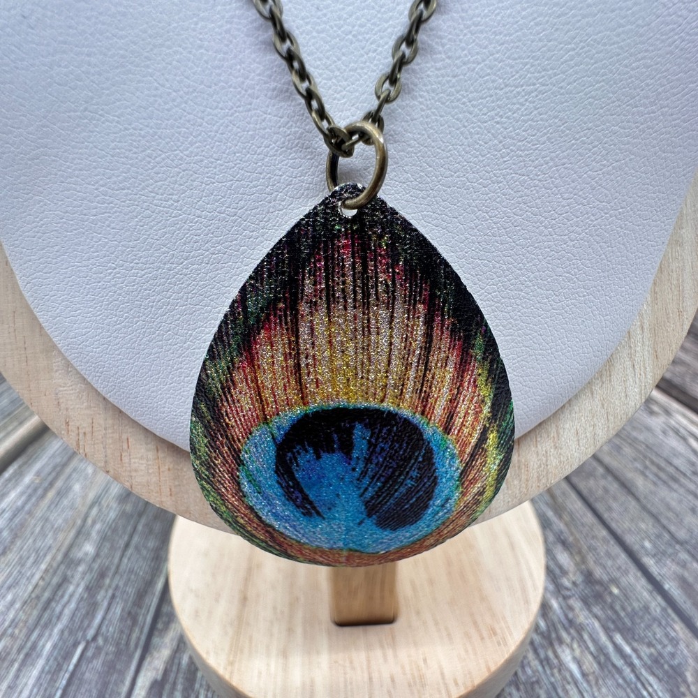 Peacock Feather Teardrop Pendant Necklace Antique Brass Tone Boho Statement Gift